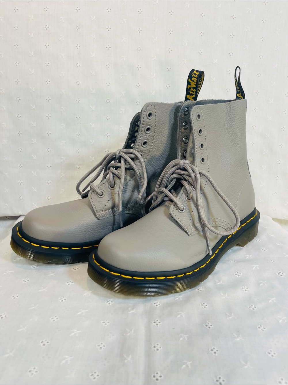 Dr. Martens Gray Smooth Leather Lace-Up Boots with Yellow Stitching